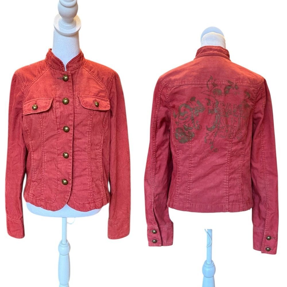 Calvin Klein Red Orange Corduroy Button Up Jacket Gold Design Women’s Large